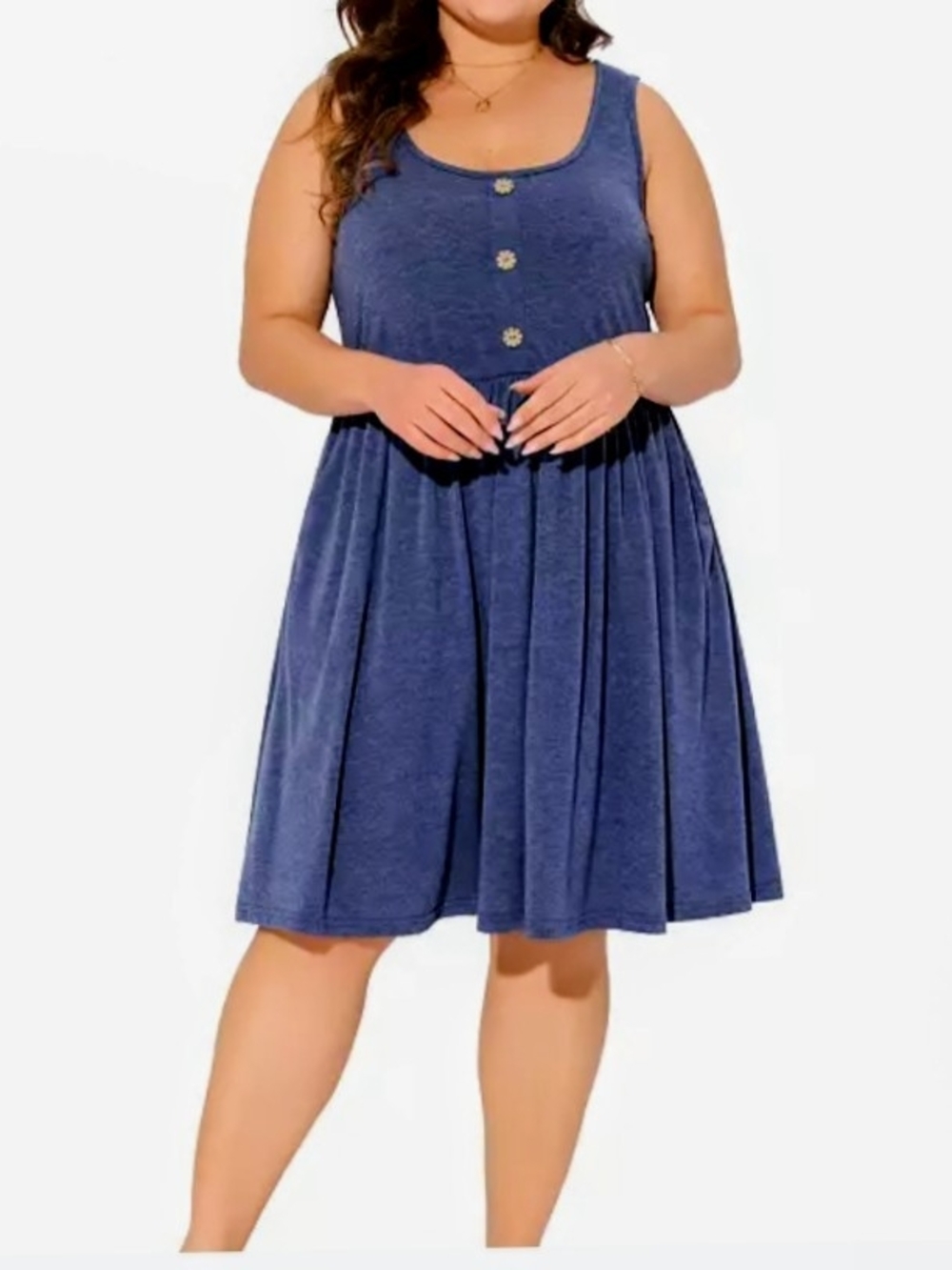Women’s XL Blue Sleeveless Scoop Neck Knit Button Front A-Line Knee Dress